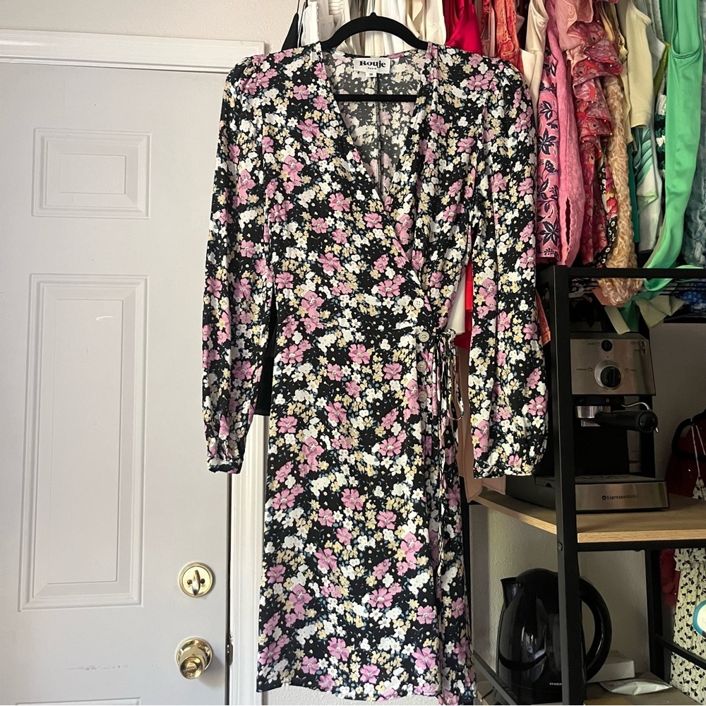 ROUJE black white yellow‎ pink floral long sleeve midi wrap dress
